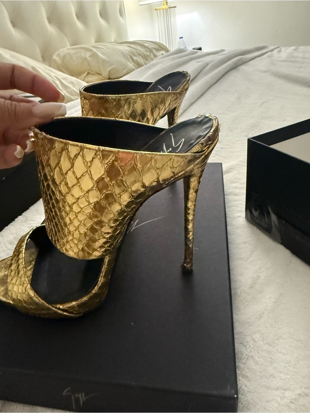 Gold Snake-Embossed High Heel Slide Sandals - Women - Picture 5 of 6